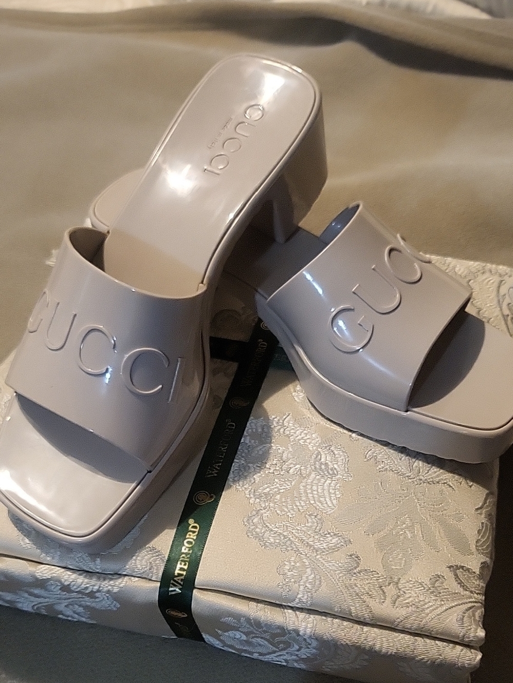 Gucci Pale Pink Patent Logo Platform Mules